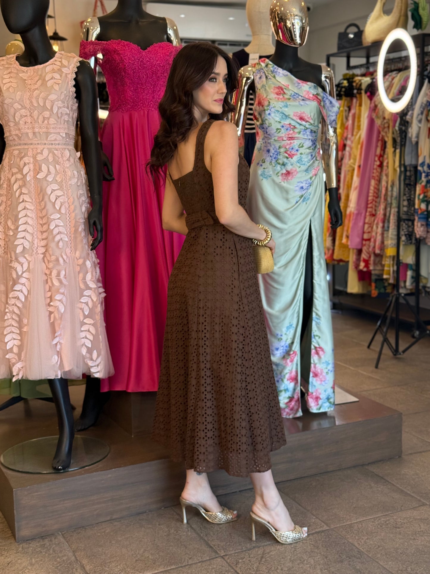 Mocha Eyelet Midi Dress