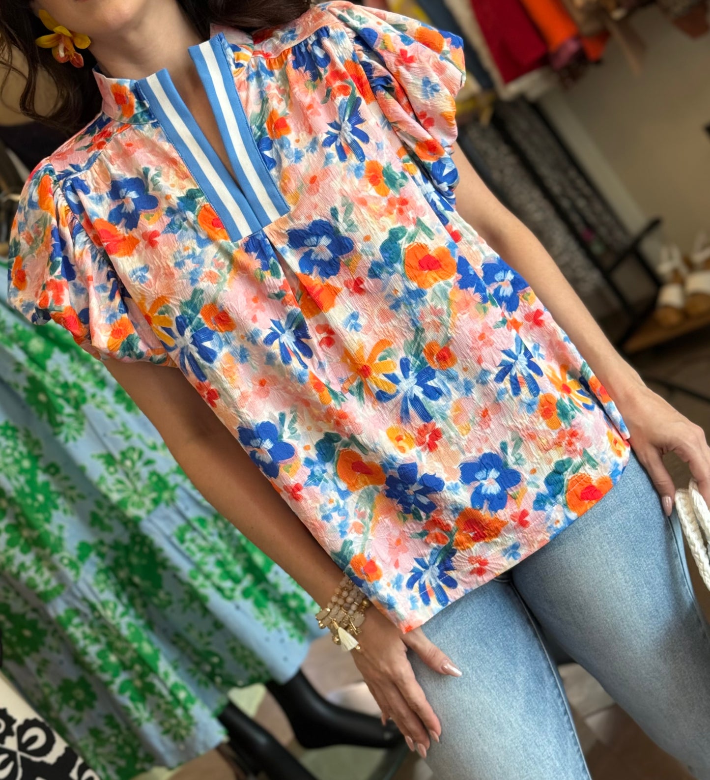 Citrus Bloom Split-Neck Blouse