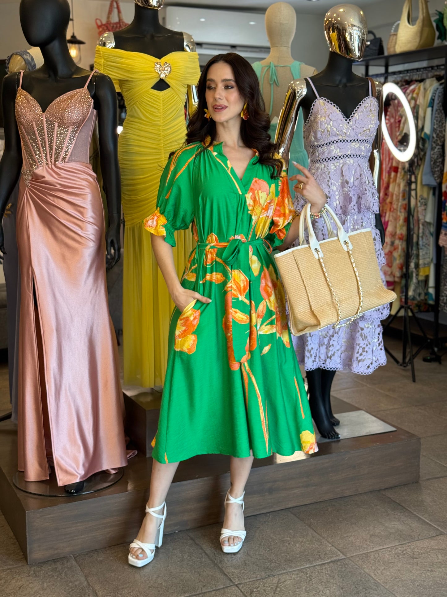 Emerald Bloom Belted Dress
