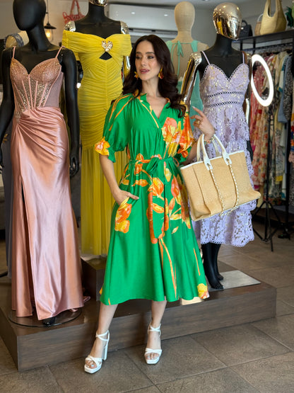 Emerald Bloom Belted Dress