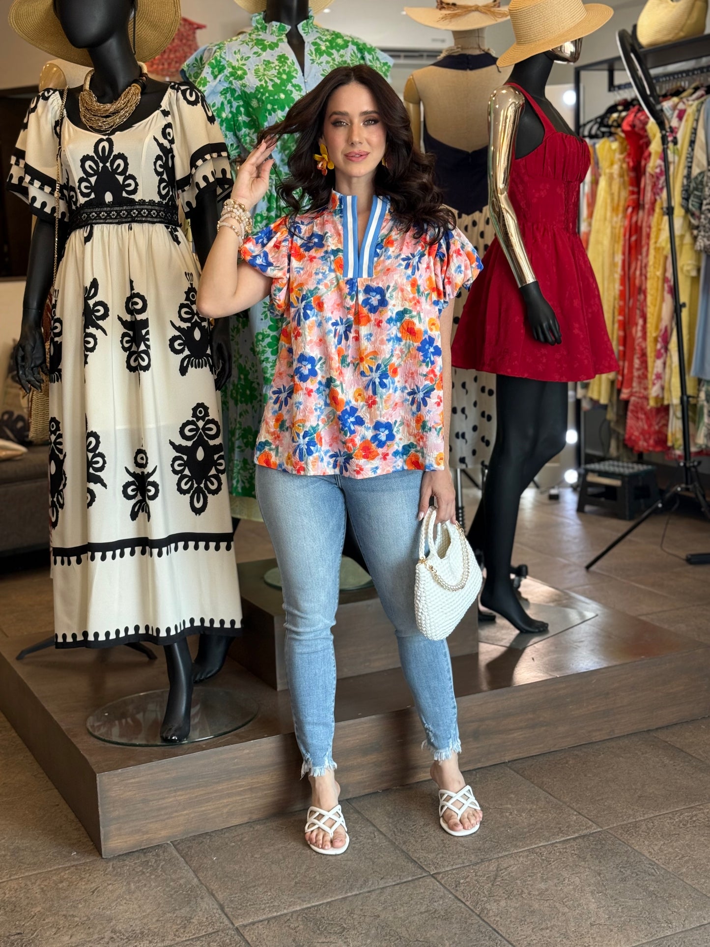 Citrus Bloom Split-Neck Blouse