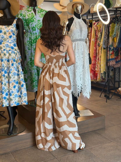 Terracotta Geometric Strapless Palazzo
