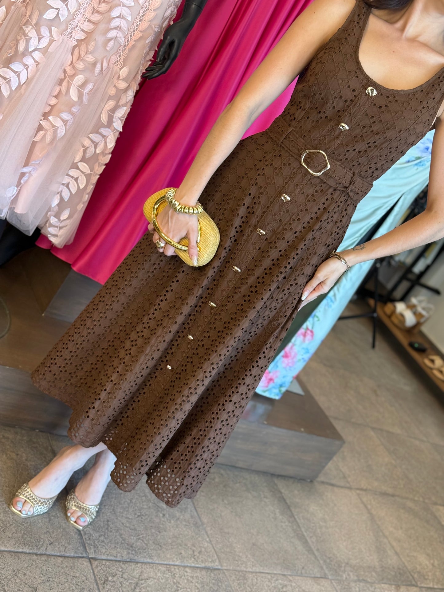 Mocha Eyelet Midi Dress