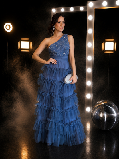 Midnight Ruffle One-Shoulder Gown