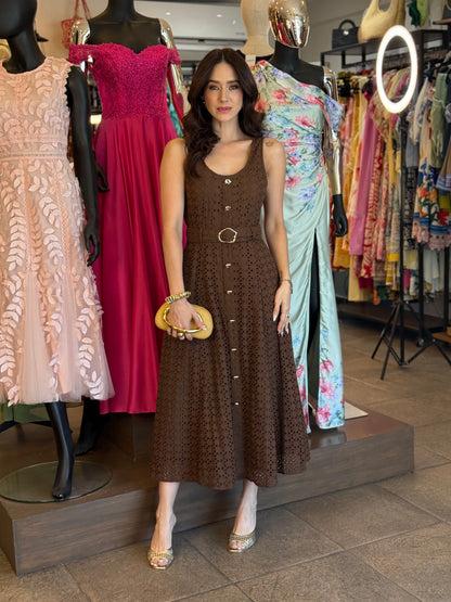 Mocha Eyelet Midi Dress