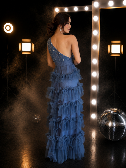 Midnight Ruffle One-Shoulder Gown