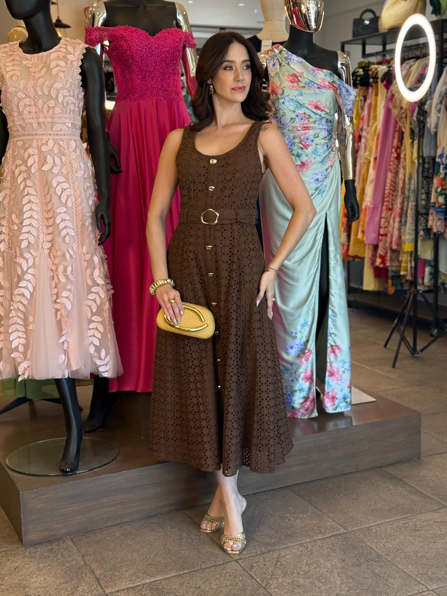 Mocha Eyelet Midi Dress