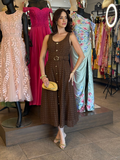 Mocha Eyelet Midi Dress