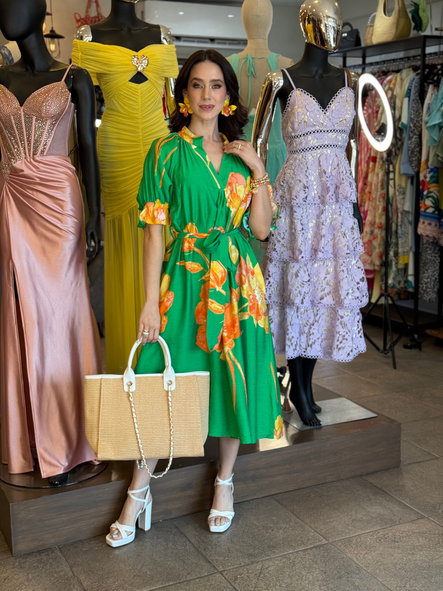 Emerald Bloom Belted Dress