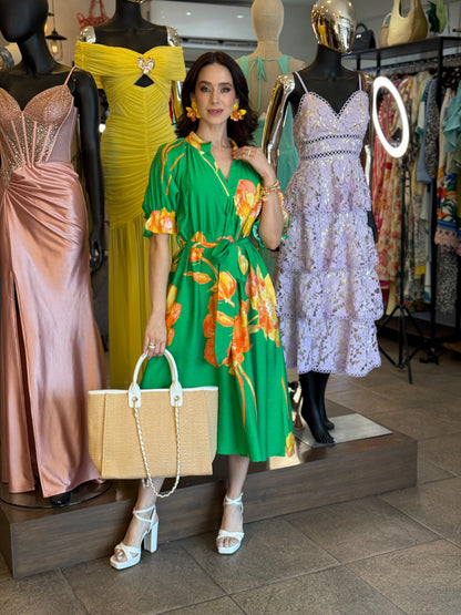 Emerald Bloom Belted Dress