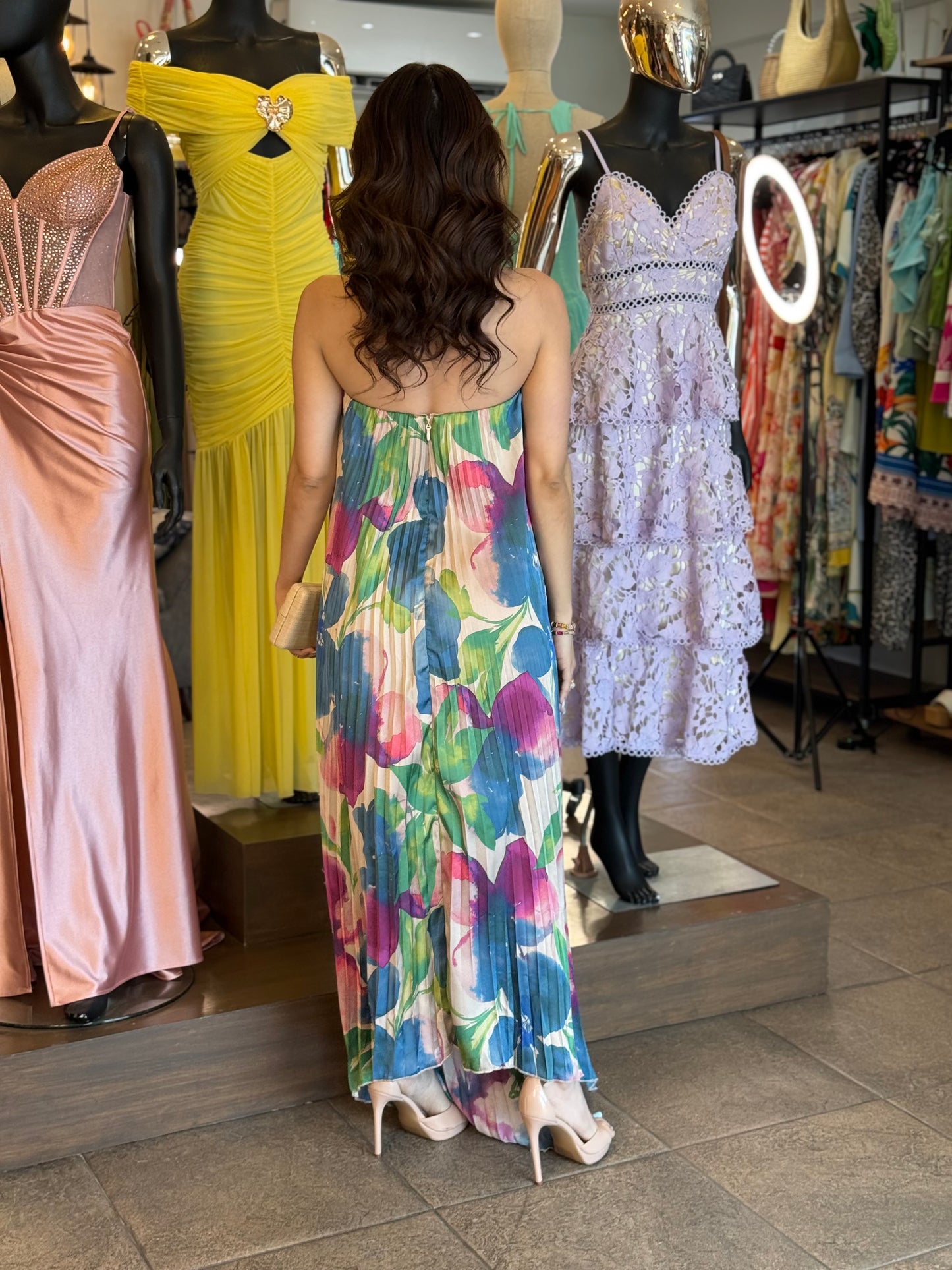 Watercolor Pleated Maxi Dress