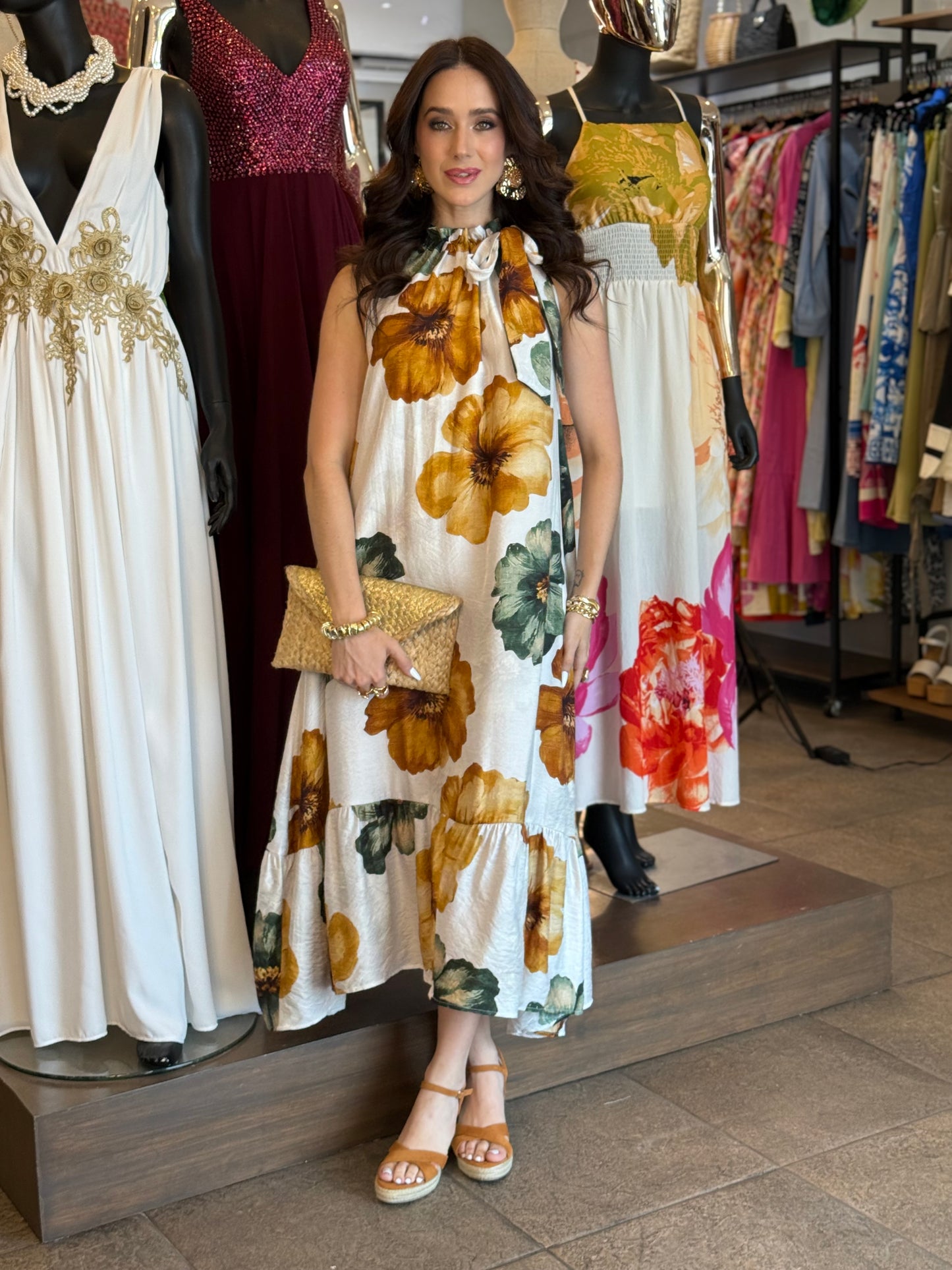 Golden Bloom Halter Dress